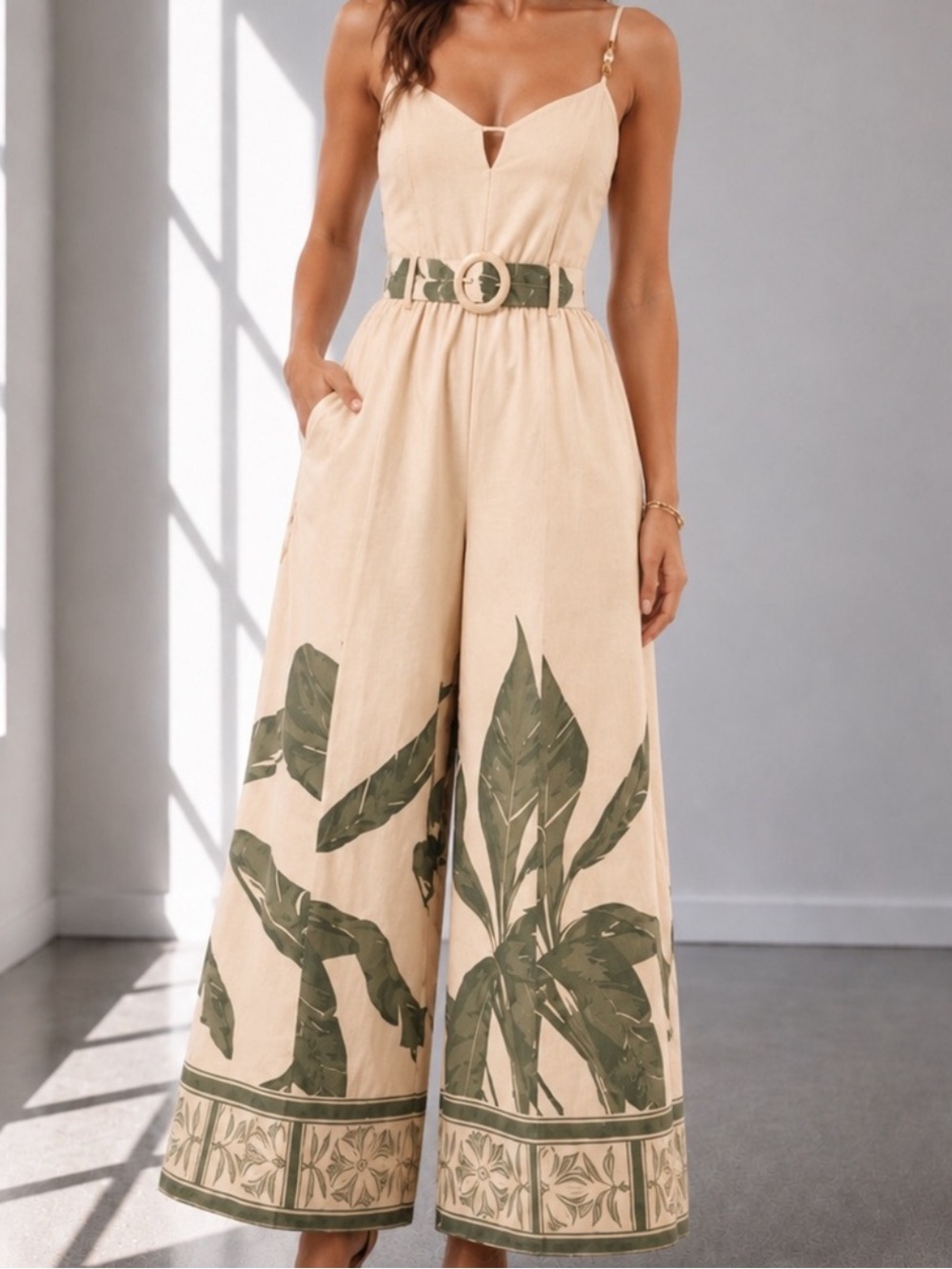 Palm Breeze Cotton Belted Wide-Leg Jumpsuit - Cream/Green